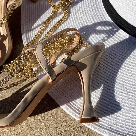 HP💃 Nude Gold Chain Anklet Leg Wrap Heel Sandals - Picture 7 of 7